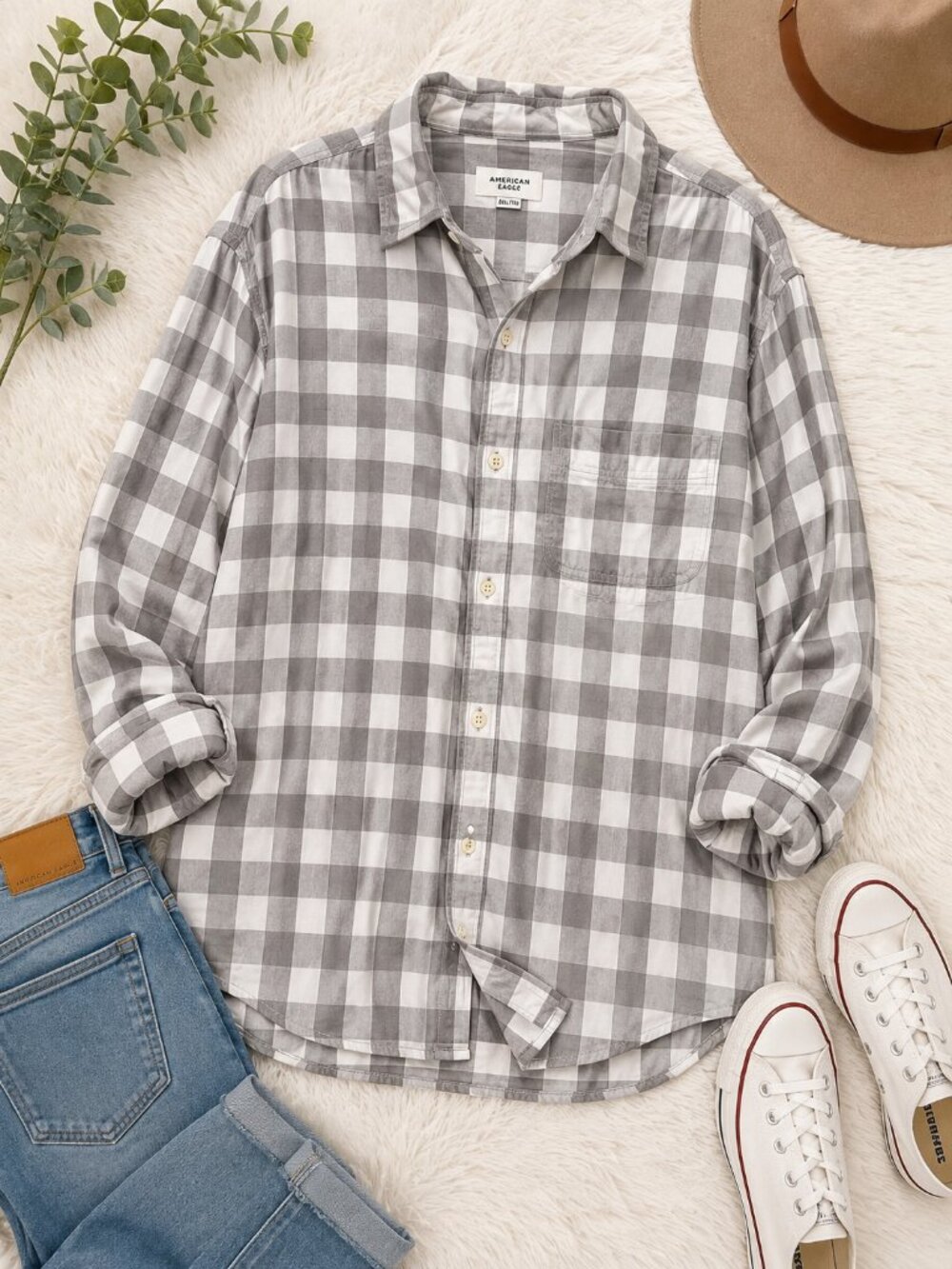 American Eagle XXL Gray White Gingham Button Down Shirt Long Sleeve 100% Cotton